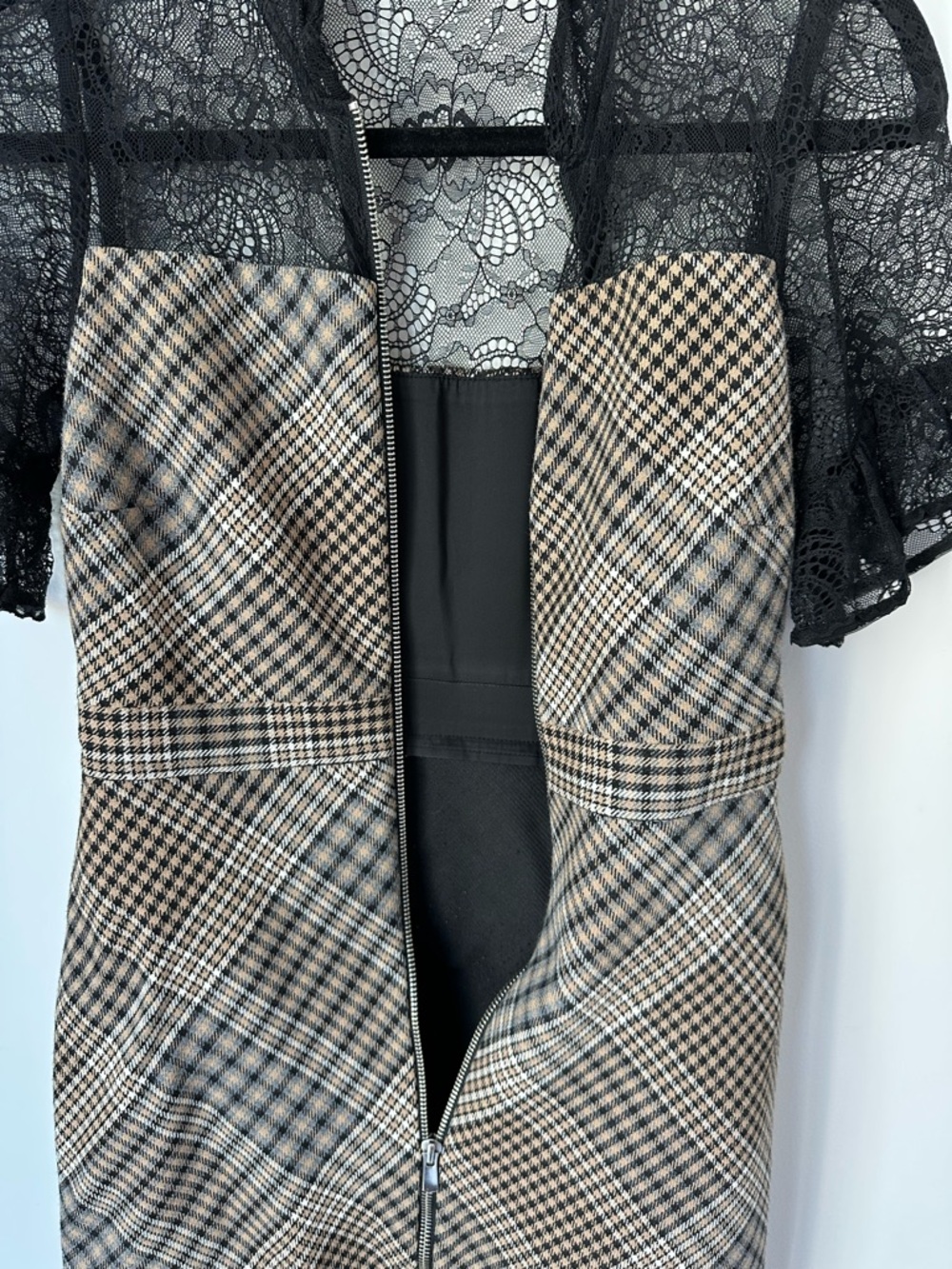 Maje Plaid Zip-Front Mini Dress with Black Lace Yoke - Picture 4 of 8